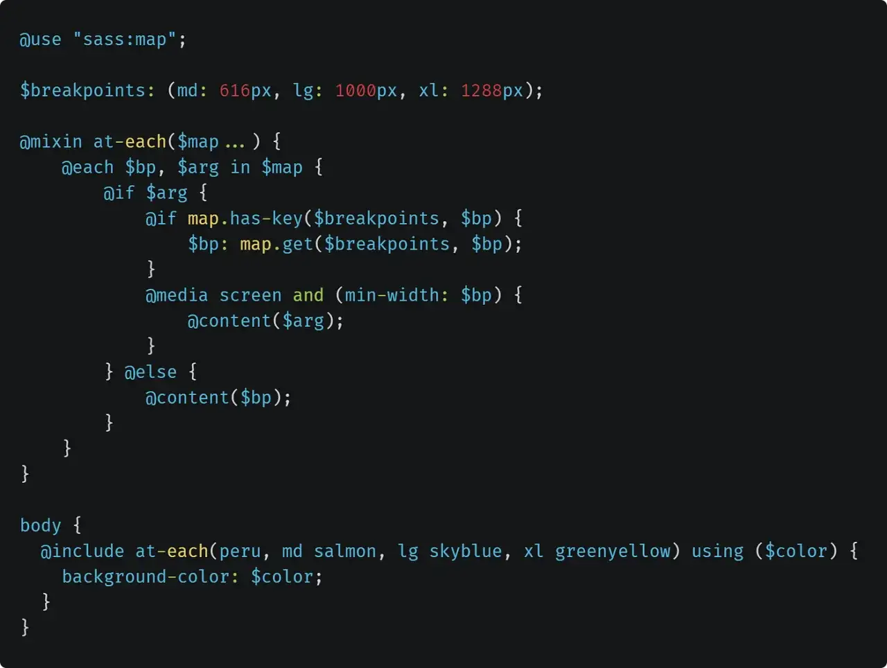 Kod Sassa: @mixin at-each tworzy media query dla breakpointów, używając mapy kolorów.