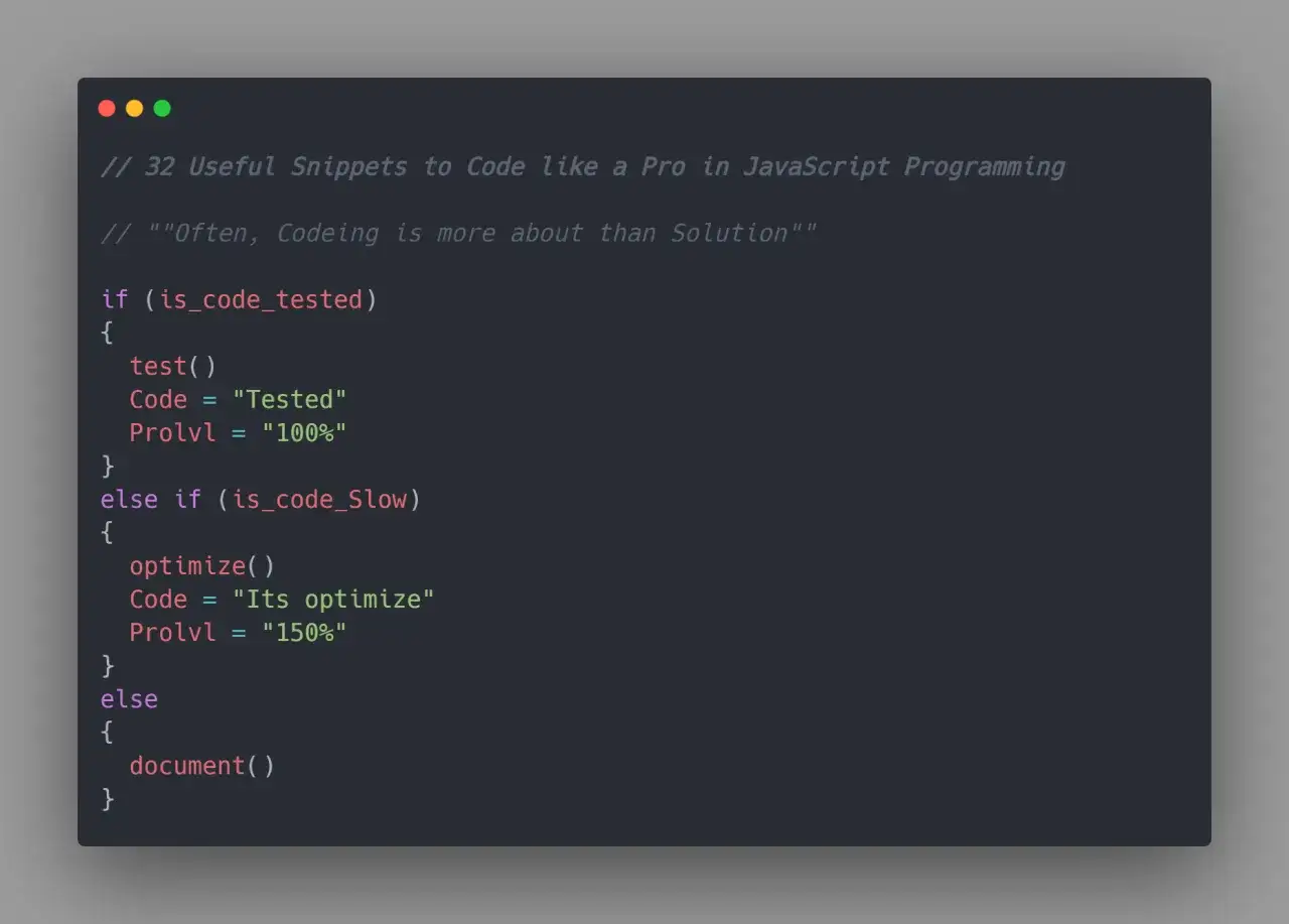 Fragment kodu JavaScript z warunkami `if/else if/else`. Sprawdza, czy kod jest testowany, wolny, czy wymaga dokumentacji. `js indexOf` nie występuje w tym kodzie.