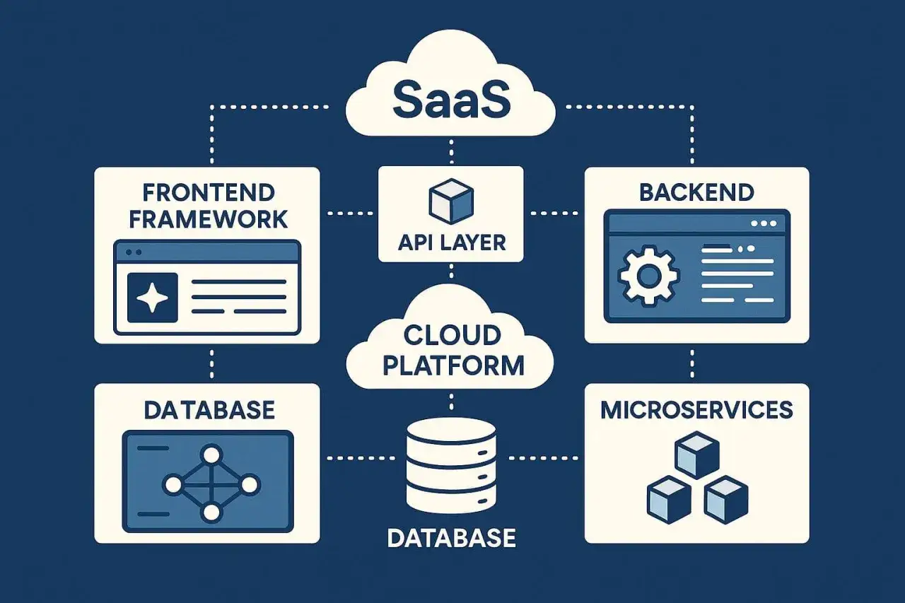Schemat przedstawia nowoczesny stack technologiczny: SaaS, API Layer, Cloud Platform, Frontend, Backend, Database i Microservices.