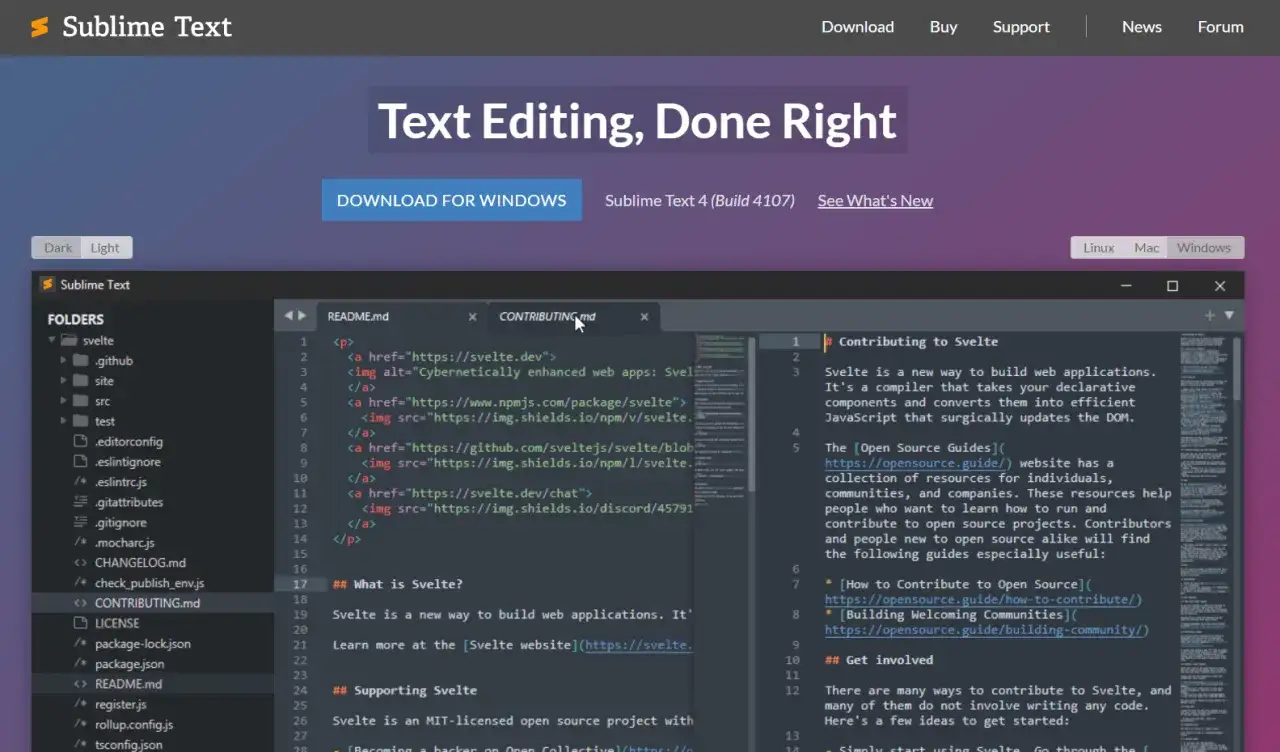 Sublime Text, edycja HTML. Widok edytora kodu z plikami projektu po lewej i otwartymi plikami README.md i CONTRIBUTING.md po prawej.