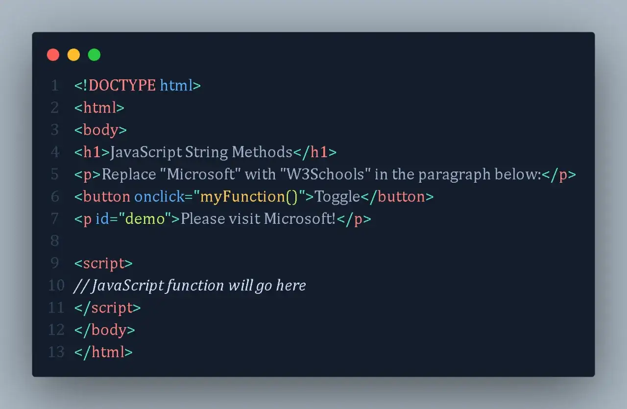 Kod HTML z przykładem użycia `javascript replace` do zamiany tekstu 