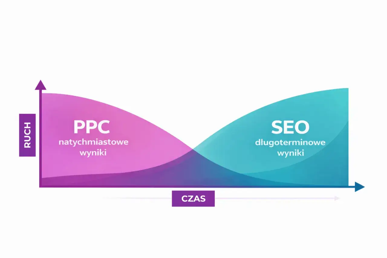 Wykres por&oacute;wnujący PPC (natychmiastowe wyniki) i SEO (długoterminowe wyniki) w kontekście ruchu i czasu.