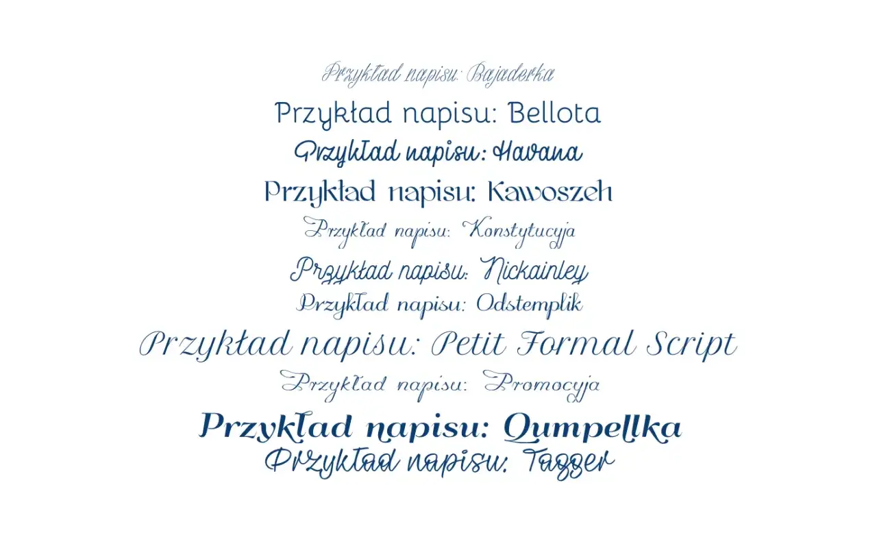 Przykłady napis&oacute;w w r&oacute;żnych stylach, w tym z ozdobnymi znaki specjalne.