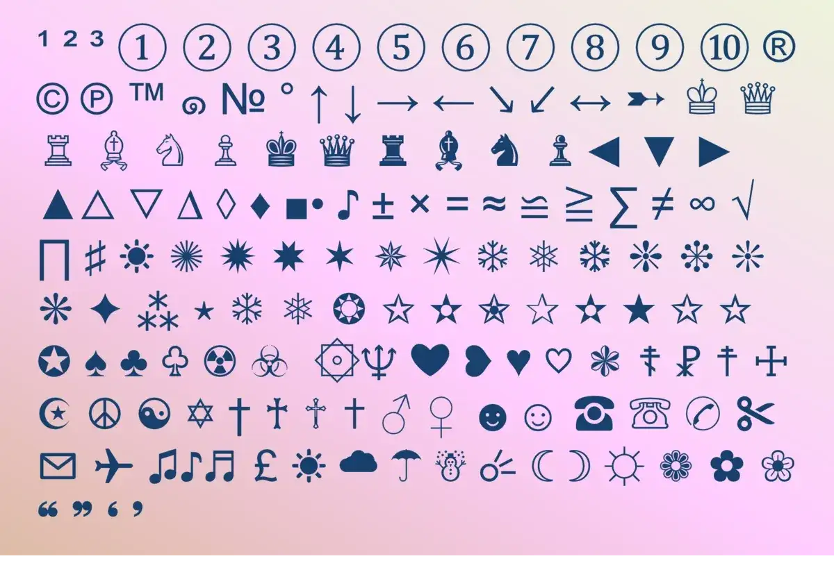 Kolekcja znak&oacute;w specjalnych: liczby, symbole, figury szachowe, strzałki, matematyczne, gwiazdki, płatki śniegu, serca, krzyże, telefony, emotikony, pogoda i inne.