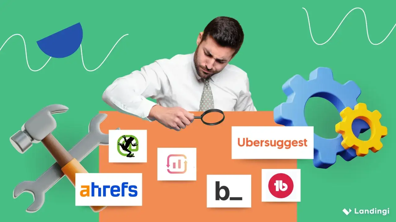 Mężczyzna z lupą analizuje narzędzia do SEO: Ahrefs, Ubersuggest, SEMrush. Optymalizacja strony to klucz do sukcesu.