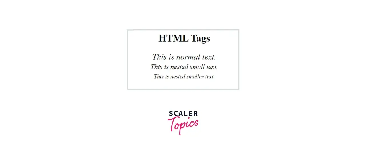 Przykładowy tekst w HTML: normalny, zagnieżdżony `small` i jeszcze mniejszy. Logo SCALER Topics.