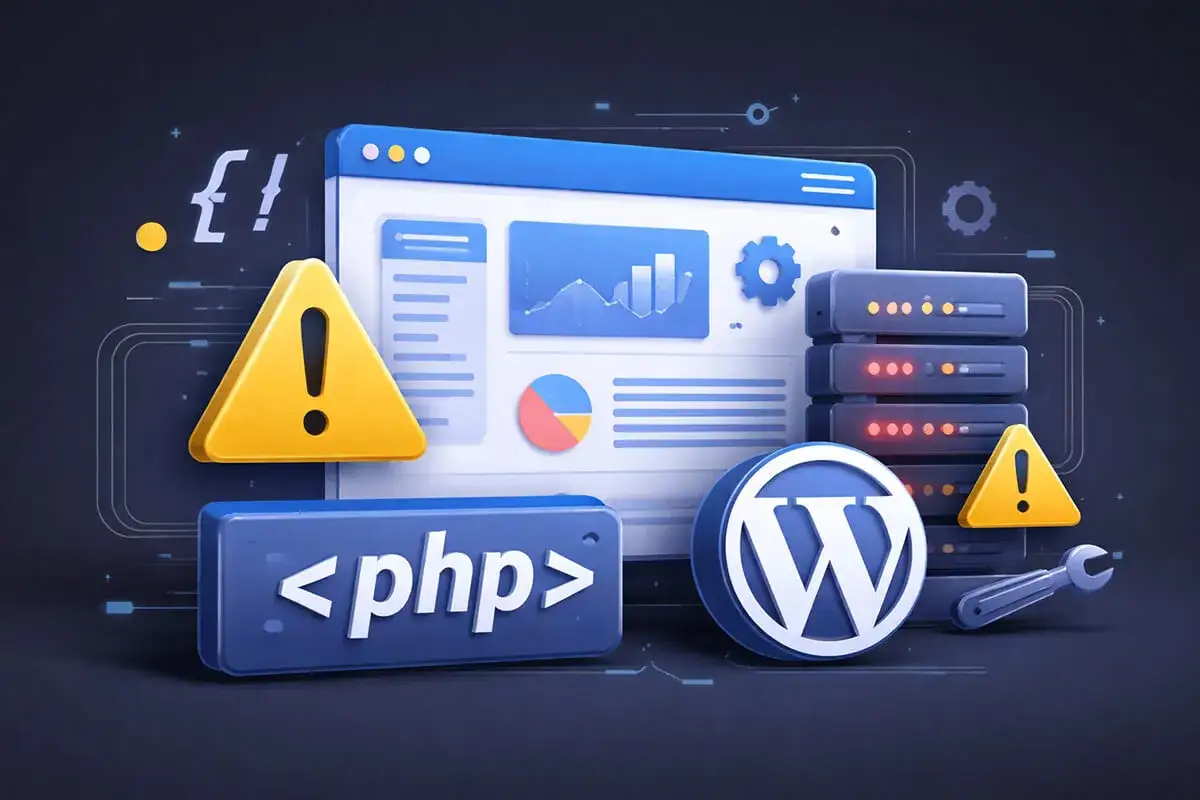 Grafika przedstawia elementy związane z tworzeniem stron internetowych, w tym symbol WordPress, serwery, ostrzeżenia i kod PHP 8.3.