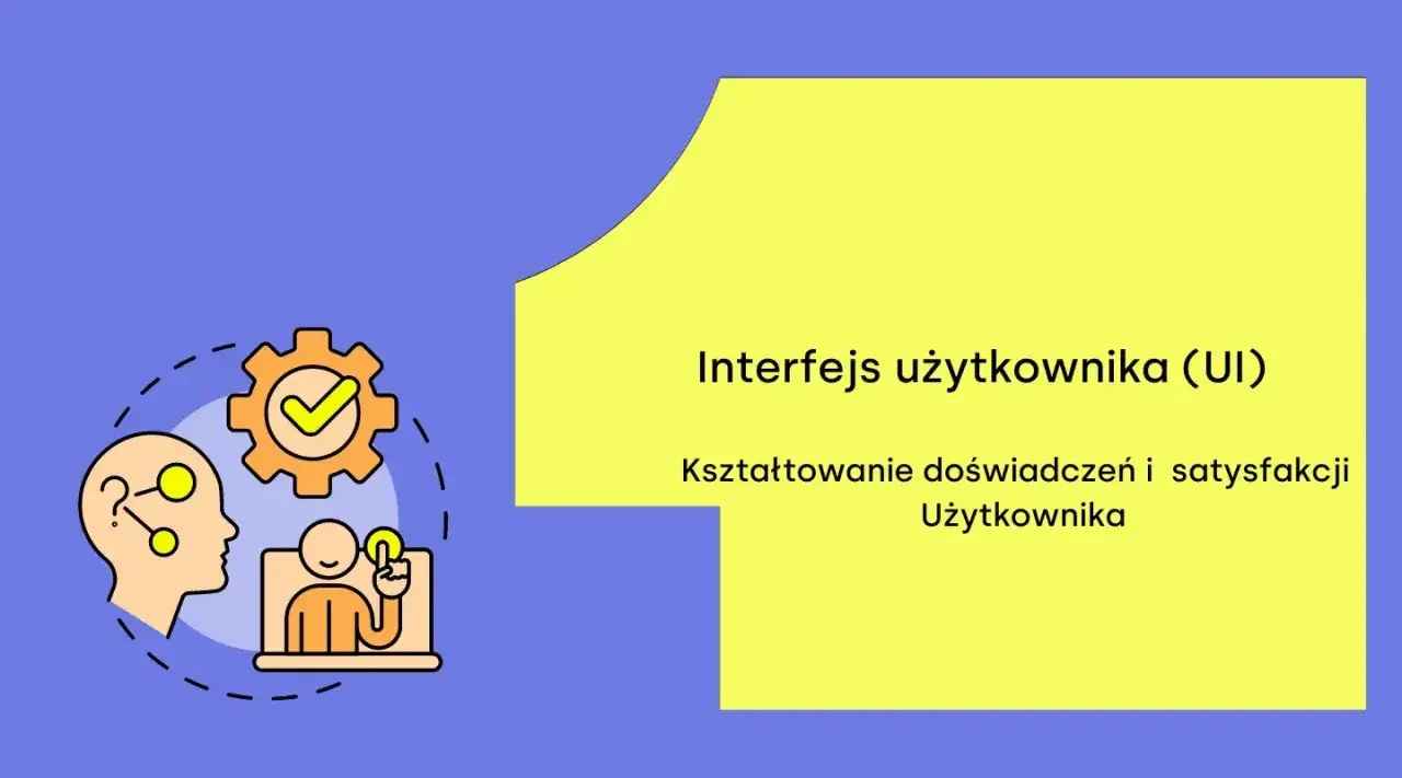 Grafika ilustruje proces projektowania interfejsu użytkownika (UI) i jego wpływ na doświadczenia użytkownika. Kluczowe elementy to głowa z symbolami myśli, koło zębate z zaznaczeniem oraz postać przed ekranem. To wszystko składa się na udane testy UX.