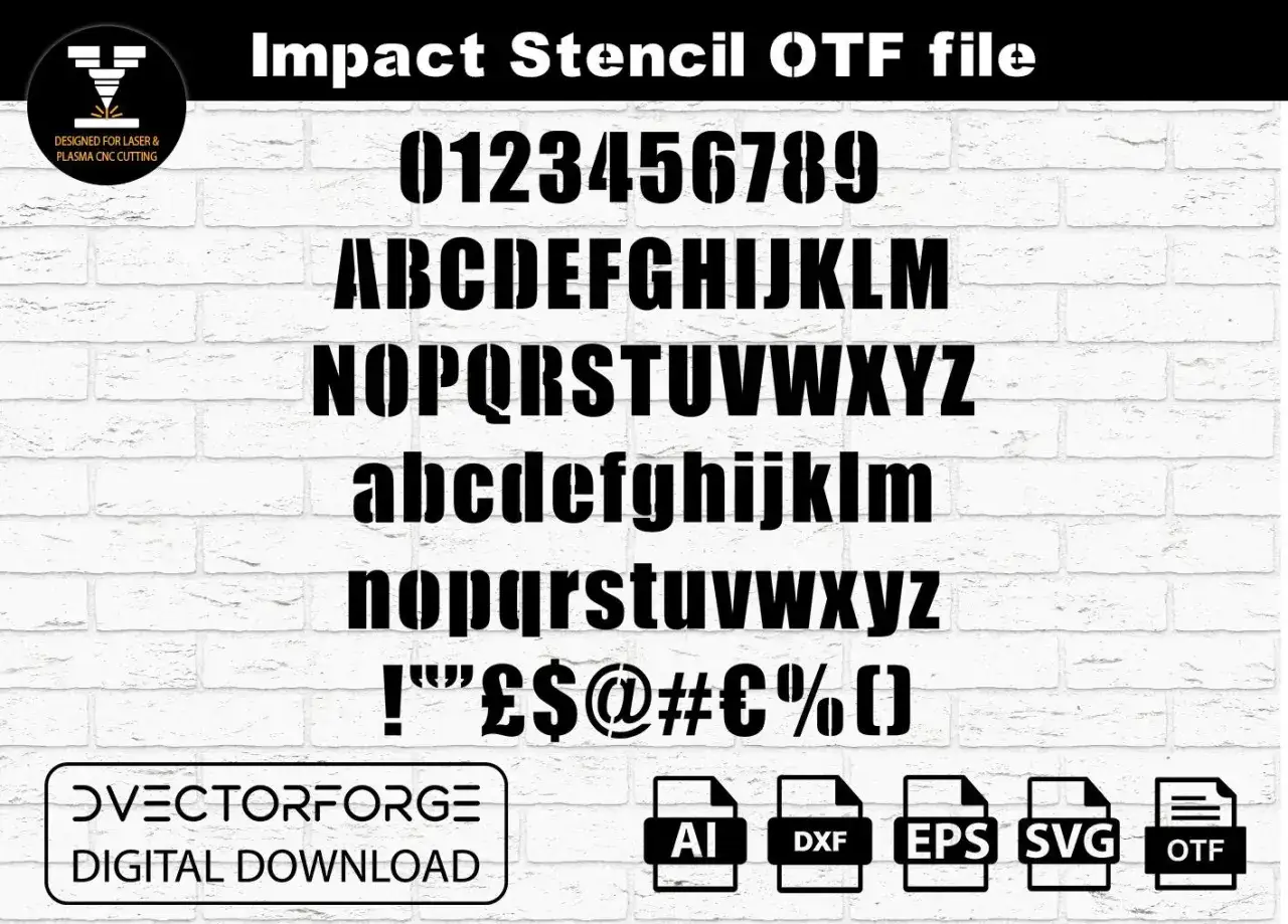 Czcionka Impact Stencil, idealna do cięcia laserem i CNC. Widoczne cyfry, wielkie i małe litery alfabetu oraz znaki specjalne.