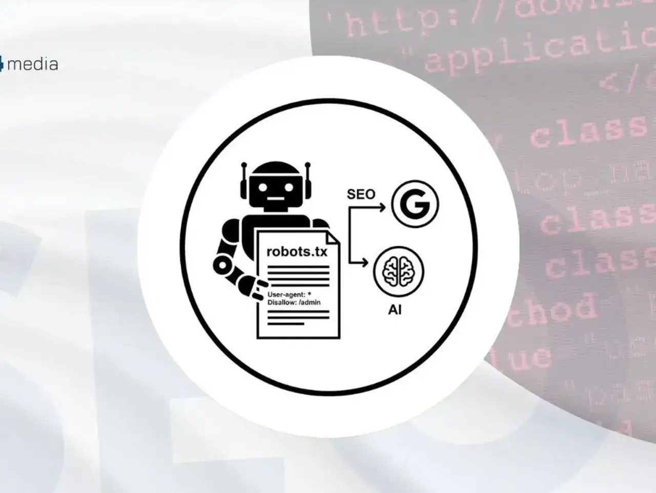 Grafika przedstawia robota trzymającego plik robots.txt, kt&oacute;ry wpływa na SEO i AI, symbolizowane przez logo Google i m&oacute;zg.