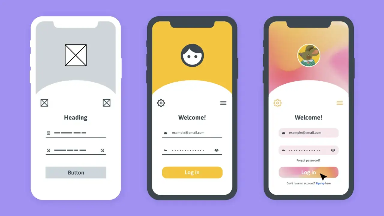 Wireframe co to? Trzy ekrany telefonu: szkic, wersja ż&oacute;łta i kolorowa.