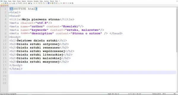 Kod źródłowy strony internetowej w języku polskim, zawierający strukturę HTML z nagłówkami i metadanymi opisującymi sztukę.