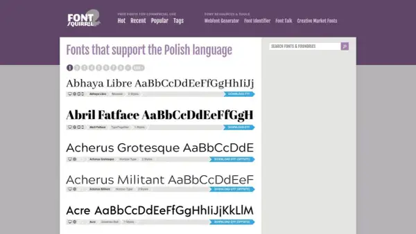 Strona Font Squirrel prezentuje czcionki wspierające język polski, w tym polskie znaki. Widać listę fontów: Abhaya Libre, Abril Fatface, Acherus Grotesque, Acherus Militant, Acre.