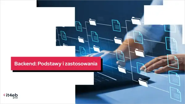 Backend: Podstawy i zastosowania. Grafika przedstawia schemat połączeń między folderami i dokumentami, symbolizujący działanie backendu.
