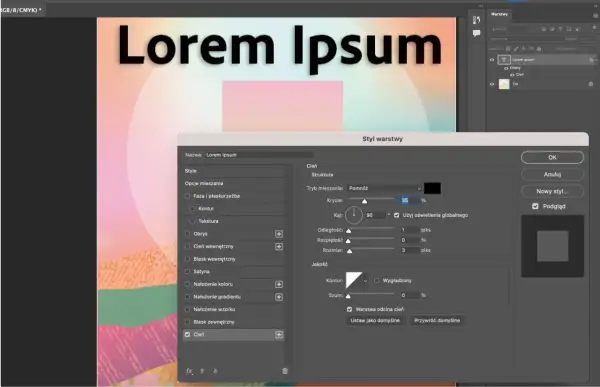 Styl warstwy z opcją "Cień" dla tekstu "Lorem Ipsum", gdzie litery z cieniem nabierają głębi.