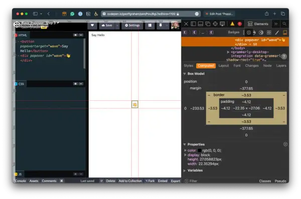 Kod HTML tworzy przycisk "Say Hello", który po kliknięciu wyświetla prosty html popup. Widoczny jest panel z narzędziami deweloperskimi.