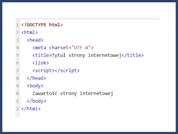Fragment kodu HTML z podstawową strukturą strony: <!DOCTYPE html>, <html>, <head> z <title> i <body> z zawartością.