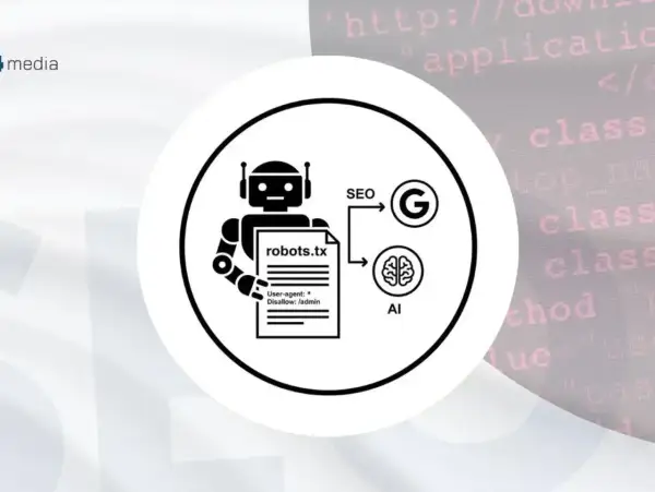 Grafika przedstawia robota trzymającego plik robots.txt, który wpływa na SEO i AI, symbolizowane przez logo Google i mózg.