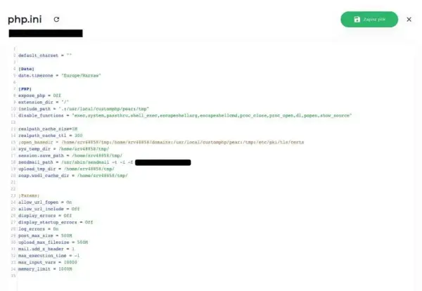 Konfiguracja php.ini z ustawieniami dla serwera, m.in. ścieżki, limity i opcje bezpieczeństwa.