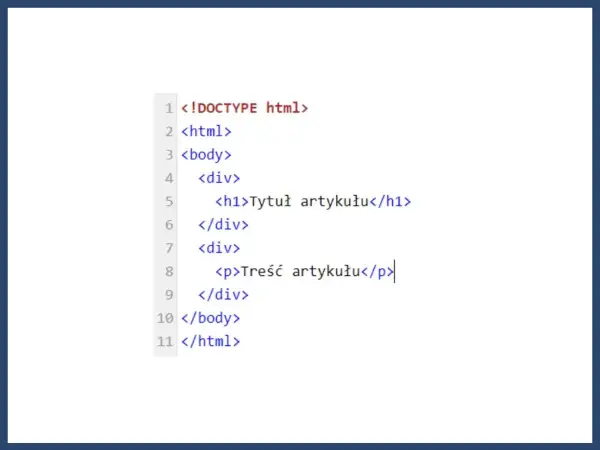Kod HTML z nagłówkiem i akapitem. Widoczny jest znacznik `<h1>` dla tytułu i `p` dla treści artykułu.