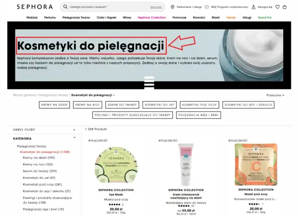 Strona z kosmetykami do pielęgnacji twarzy Sephora. Wiele produktów, w tym kremy, serum i maski.