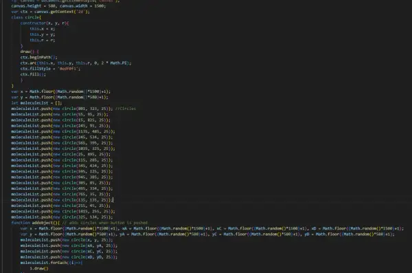 Kod JavaScript tworzący obiekty `circle` i dodający je do listy `moleculeList`. Funkcja `addobject` pozwala na dynamiczne `push` nowych kół.