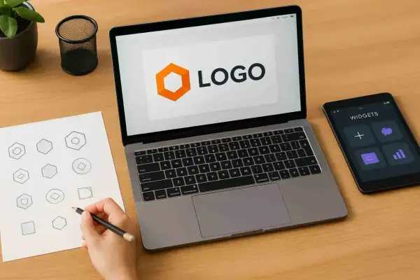 Projektowanie logo: na ekranie laptopa widnieje pomarańczowy sześciokąt i napis "LOGO", obok szkice kształtów, tablet z widżetami. favicon svg.