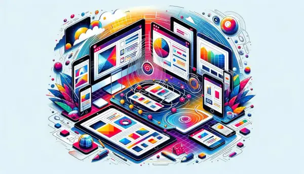 Kolorowa wizualizacja urządzeń (komputery, tablety, telefony) z elementami interfejsu, symbolizująca adaptive web design.