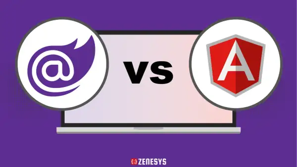 Porównanie Blazor vs Angular: ikony technologii na tle laptopa.