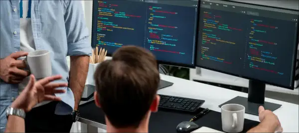 Dwóch programistów pracuje nad kodem. Jeden trzyma kubek, drugi wskazuje na ekran z kodem. Widoczny jest zaawansowany stos technologiczny.