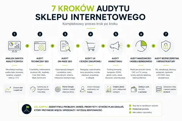 7 kroków audytu sklepu: analiza danych, audyt techniczny SEO, on-page, UX, marketingu, marżowości i bezpieczeństwa.
