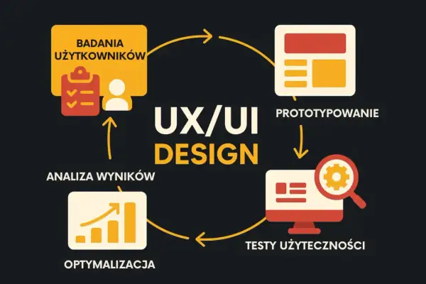 Schemat UX/UI Design: badania użytkowników, prototypowanie, testy użyteczności, optymalizacja. Proces oparty na auto layout.