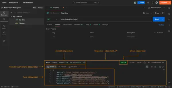 Postman API: widok interfejsu do testowania żądań HTTP, z widoczną odpowiedzią JSON i statusem 200 OK.