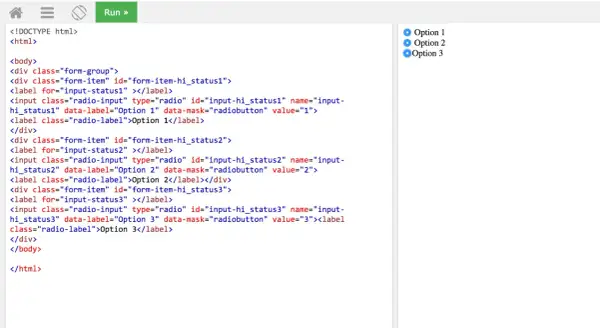 Trzy opcje wyboru: Opcja 1, Opcja 2, Opcja 3. Kod HTML pokazuje implementację tych radio buttons.