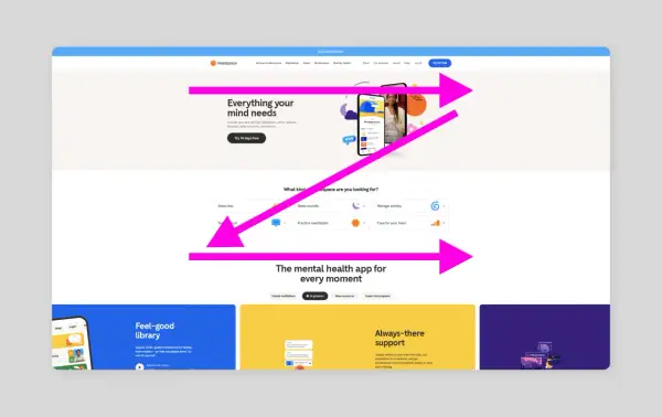 Strona główna aplikacji do medytacji. Intuicyjny layout strony internetowej z sekcjami: "Everything your mind needs", "What kind headspace are you looking for?", "The mental health app for every moment", "Feel-good library" i "Always-there support".