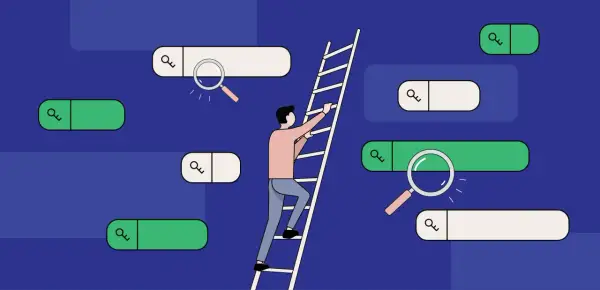 Człowiek wspina się po drabinie do wyszukiwarki, szukając kluczowych fraz do optymalizacji.