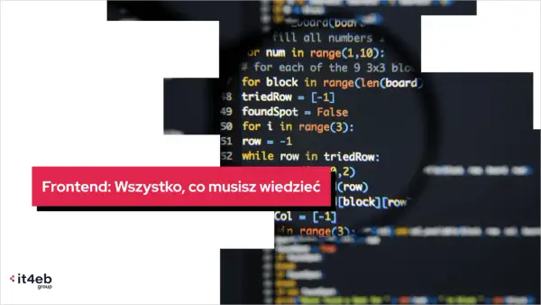 Kod źródłowy z powiększeniem, tekst "Frontend: Wszystko, co musisz wiedzieć". Pokazuje złożoność backendu i frontend.