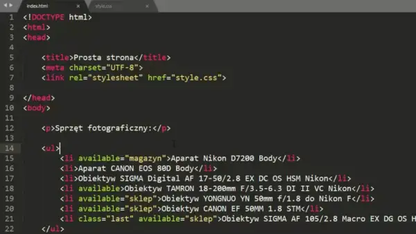 Kod HTML z listą sprzętu fotograficznego, gdzie selektory CSS będą stylizować elementy.