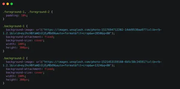 Kod CSS z dwoma elementami tła, oba z `background-attachment: fixed;` i `background-size: cover;`.
