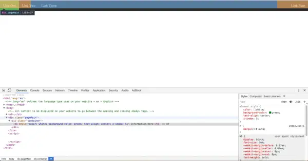 Kod HTML z narzędziami deweloperskimi. Widoczny jest element `div.pageMain` z `position fixed` w stylach.
