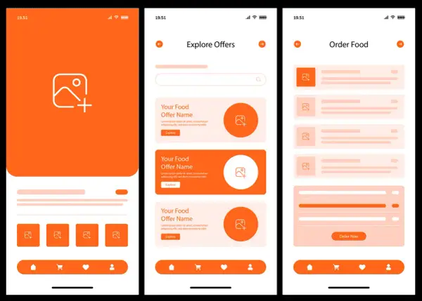 Przykłady layoutu aplikacji mobilnej: ekran główny z ikoną dodawania, przegląd ofert z opisami i przyciskiem "Explore", oraz ekran zamówienia jedzenia z listą produktów.