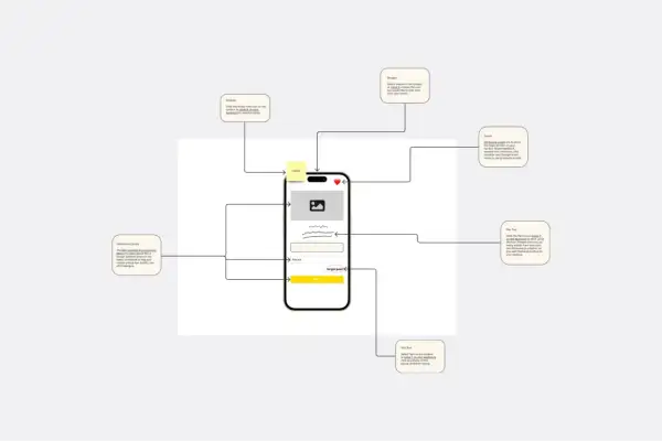 Wireframe co to? Schemat aplikacji mobilnej z opisem funkcji: dodawanie tekstu, emotikony, kształty, narzędzie pióro.