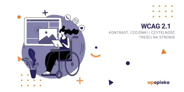 Ilustracja przedstawia kobietę na wózku inwalidzkim pracującą przy komputerze, symbolizującą **przekształcanie tekstu** i dostępność cyfrową.
