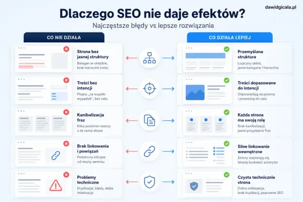 Porównanie błędów i rozwiązań w pozycjonowaniu stron internetowych: od bałaganu do przemyślanej strategii SEO.