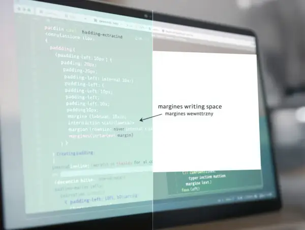 Kod CSS z definicjami marginesów i paddingów. "Margin co to?" - to przestrzeń wokół elementu.