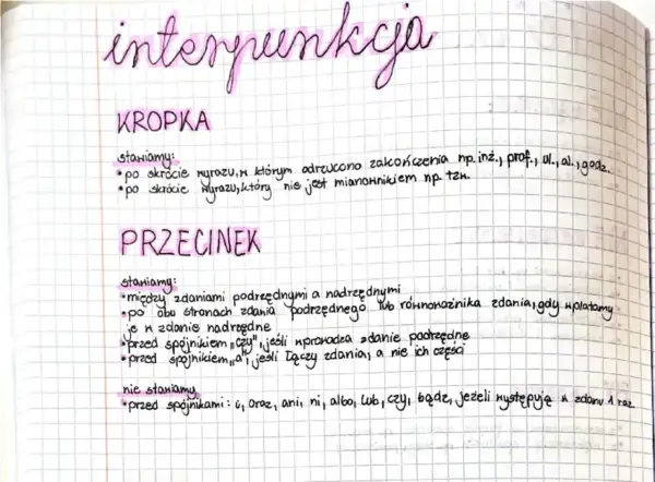 Zapisane zasady interpunkcji: kropka po skrótach, przecinek między zdaniami podrzędnymi i nadrzędnymi. Niewidzialny znak to przecinek przed spójnikami.