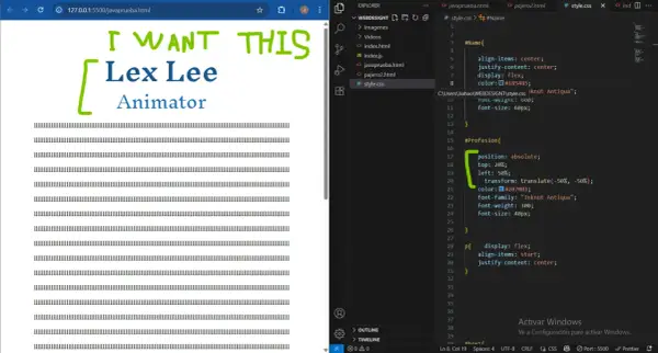 Kod CSS pokazuje, jak wyśrodkować tekst w HTML za pomocą flexbox i transformacji. Widoczny jest efekt na stronie.