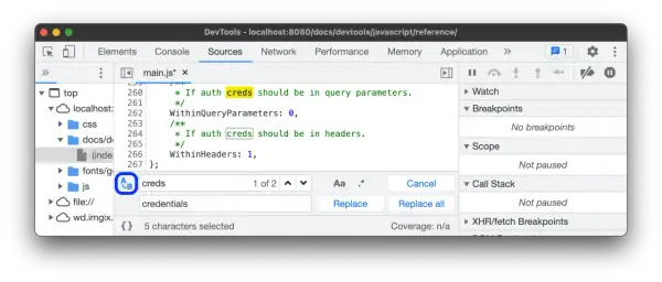 Narzędzie deweloperskie w przeglądarce, panel "Sources", pokazuje kod JavaScript. Widać pole wyszukiwania i zamiany tekstu, gdzie szukane jest "creds" do zamiany na "credentials".