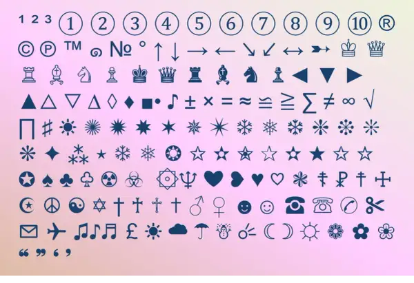 Zbiór znaków specjalnych: cyfry, symbole, figury geometryczne, nuty, krzyże, serca, telefony, emotikony i inne.